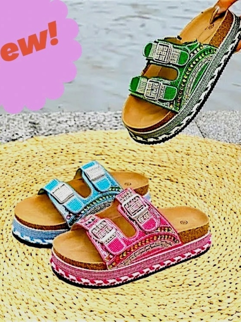 Women's Casual Beaded Double-Buckle Slide Sandals - Pink, Blue, Green